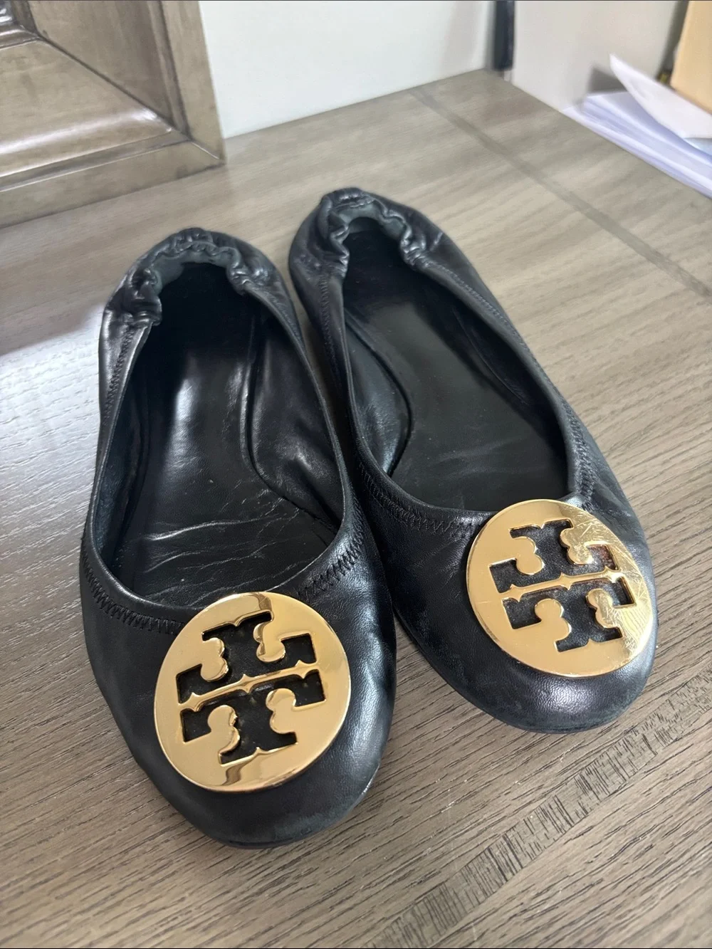 Tory Burch Black Leather Ballet Flats with Gold Logo Medallion